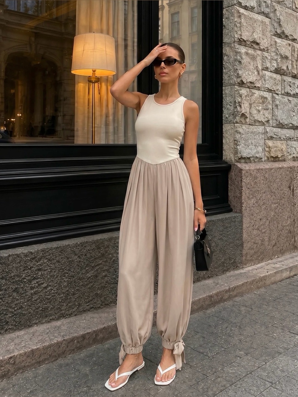 NWT Commense Two-Tone Sleeveless Tie Cuff Balloon Jumpsuit Size XS